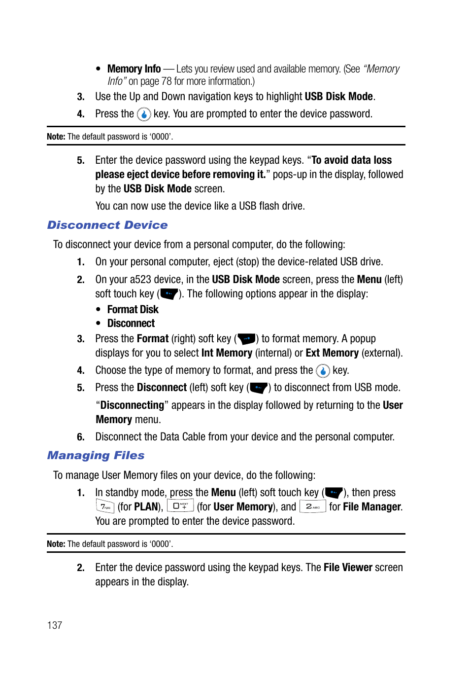 Disconnect device, Managing files | Samsung SPH-A523HBASKE User Manual | Page 140 / 187