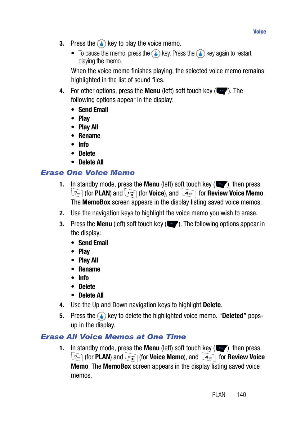 Erase one voice memo, Erase all voice memos at one time | Samsung SPH-A523HBASKE User Manual | Page 143 / 187