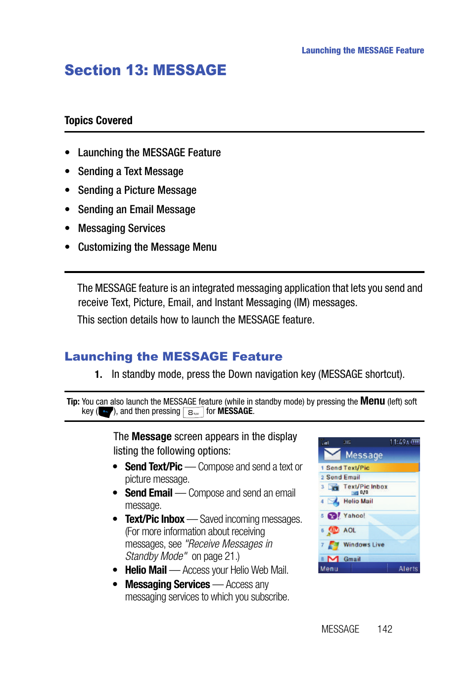 Section 13: message, Launching the message feature | Samsung SPH-A523HBASKE User Manual | Page 145 / 187