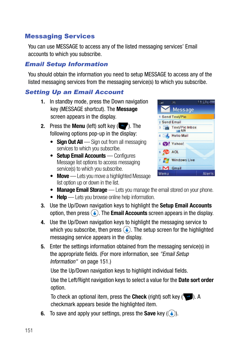 Messaging services, Email setup information, Setting up an email account | Samsung SPH-A523HBASKE User Manual | Page 154 / 187