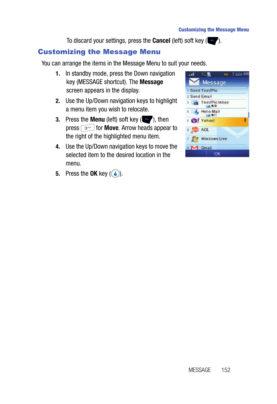 Customizing the message menu | Samsung SPH-A523HBASKE User Manual | Page 155 / 187