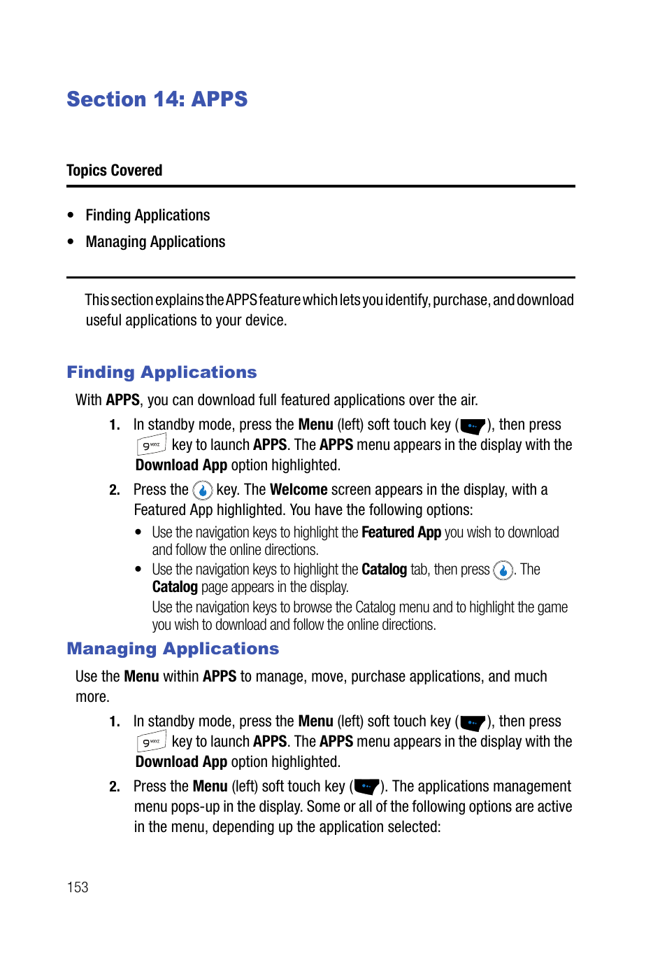 Section 14: apps, Finding applications, Managing applications | Finding applications managing applications | Samsung SPH-A523HBASKE User Manual | Page 156 / 187