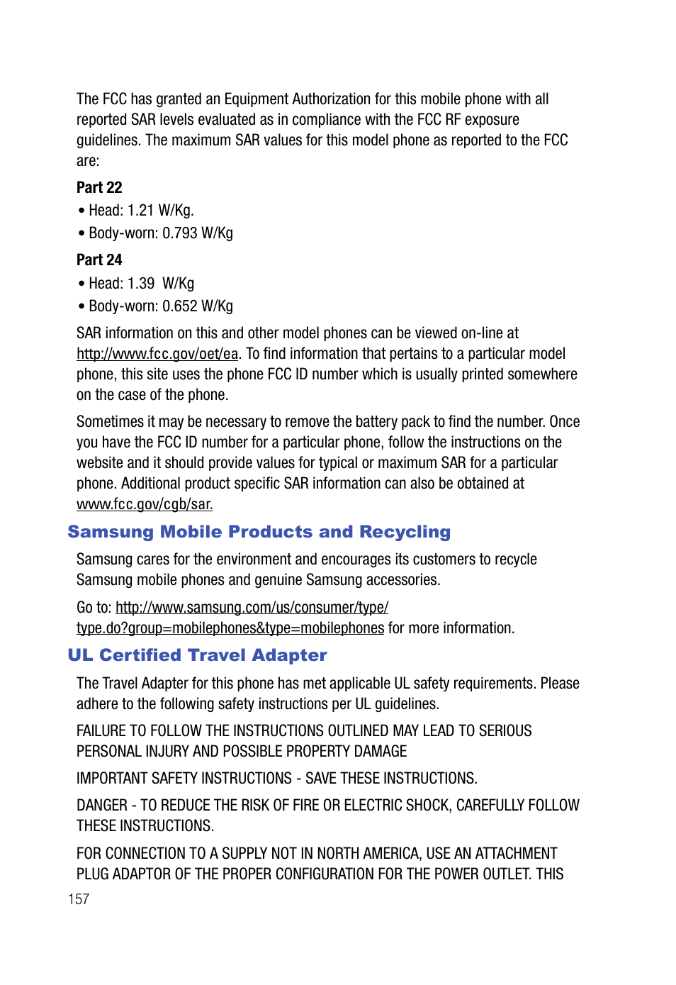 Samsung mobile products and recycling, Ul certified travel adapter | Samsung SPH-A523HBASKE User Manual | Page 160 / 187