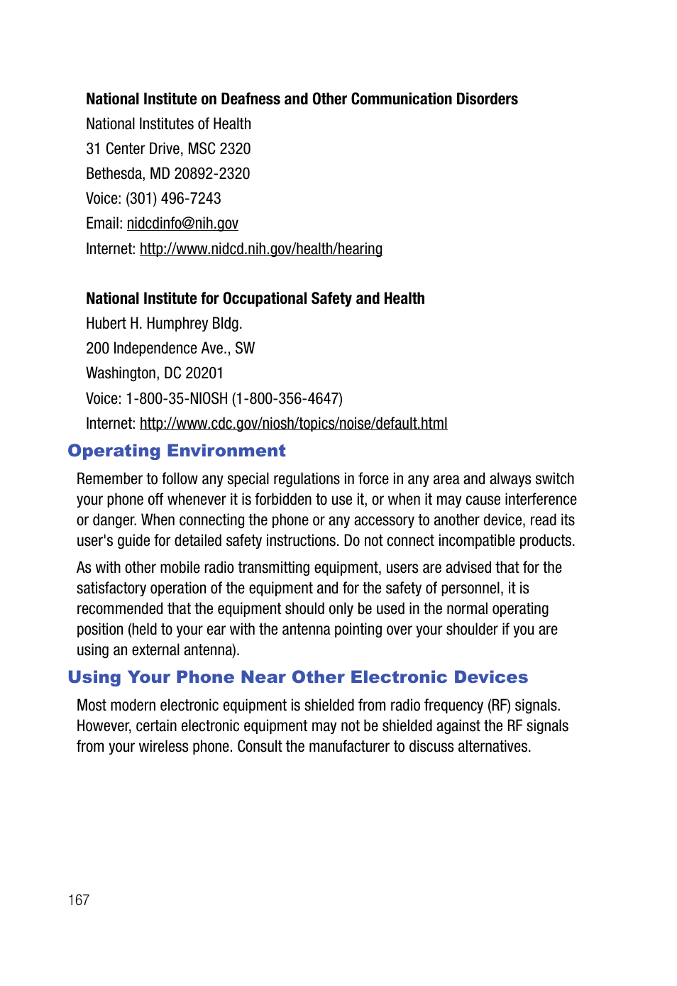 Operating environment, Using your phone near other electronic devices | Samsung SPH-A523HBASKE User Manual | Page 170 / 187