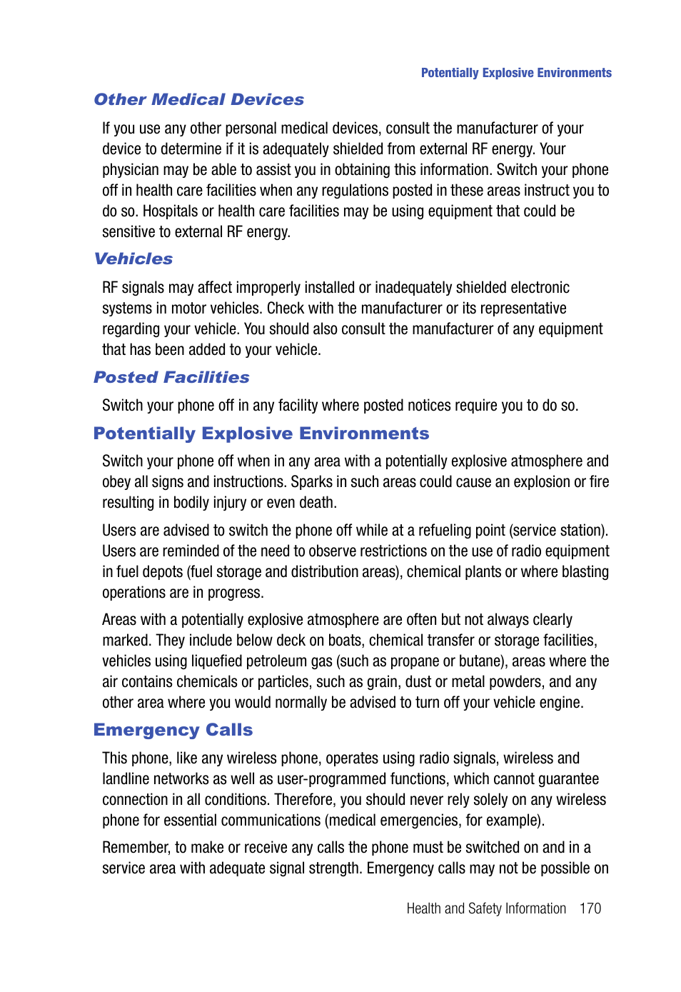 Other medical devices, Vehicles, Posted facilities | Potentially explosive environments, Emergency calls, Potentially explosive environments emergency calls | Samsung SPH-A523HBASKE User Manual | Page 173 / 187