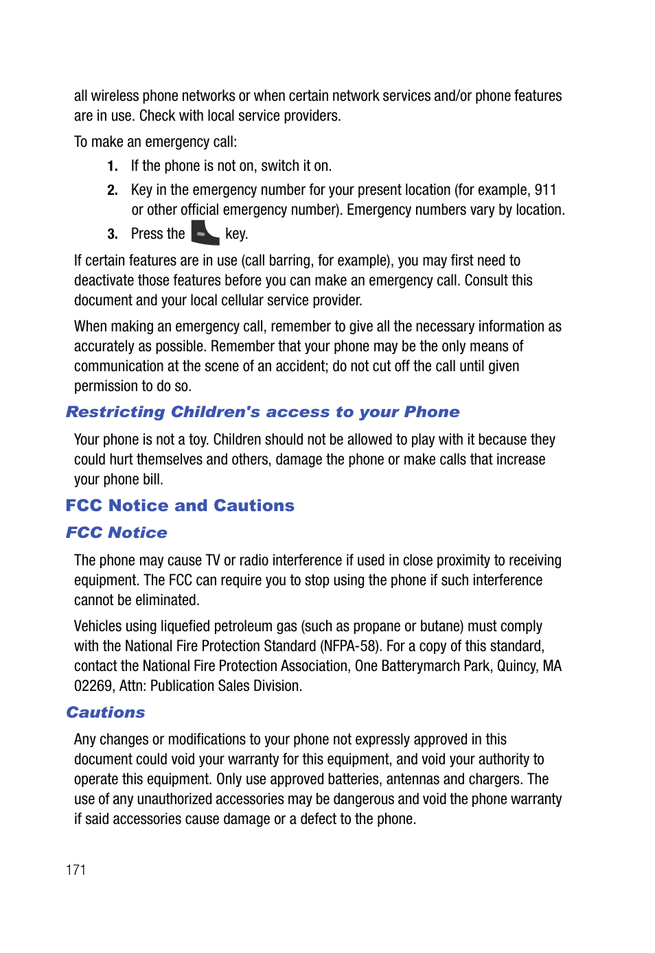 Restricting children's access to your phone, Fcc notice and cautions, Fcc notice | Cautions | Samsung SPH-A523HBASKE User Manual | Page 174 / 187