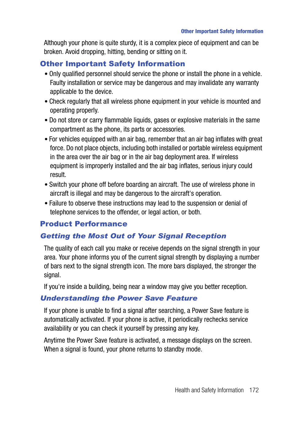 Other important safety information, Product performance, Getting the most out of your signal reception | Understanding the power save feature | Samsung SPH-A523HBASKE User Manual | Page 175 / 187