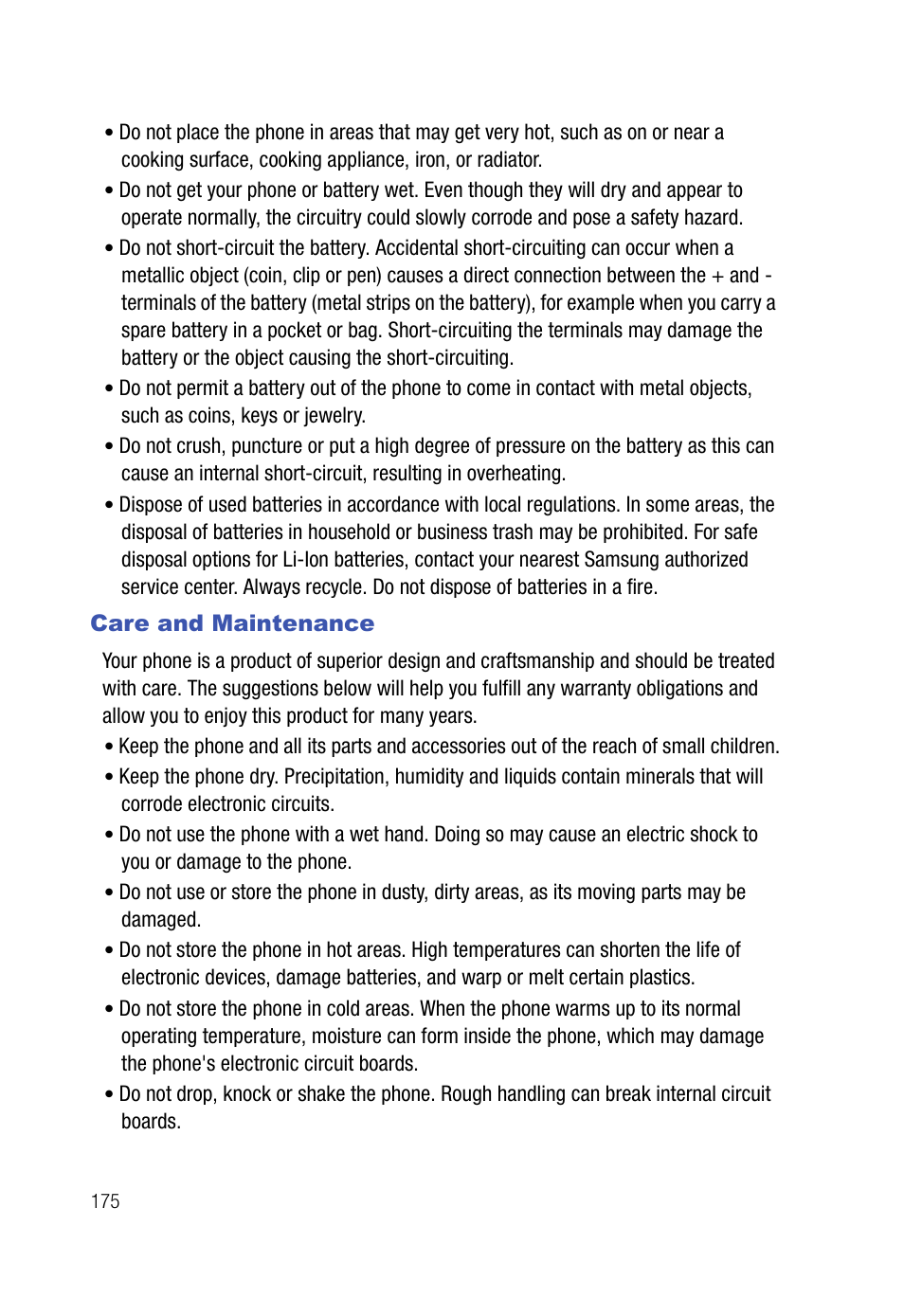 Care and maintenance | Samsung SPH-A523HBASKE User Manual | Page 178 / 187