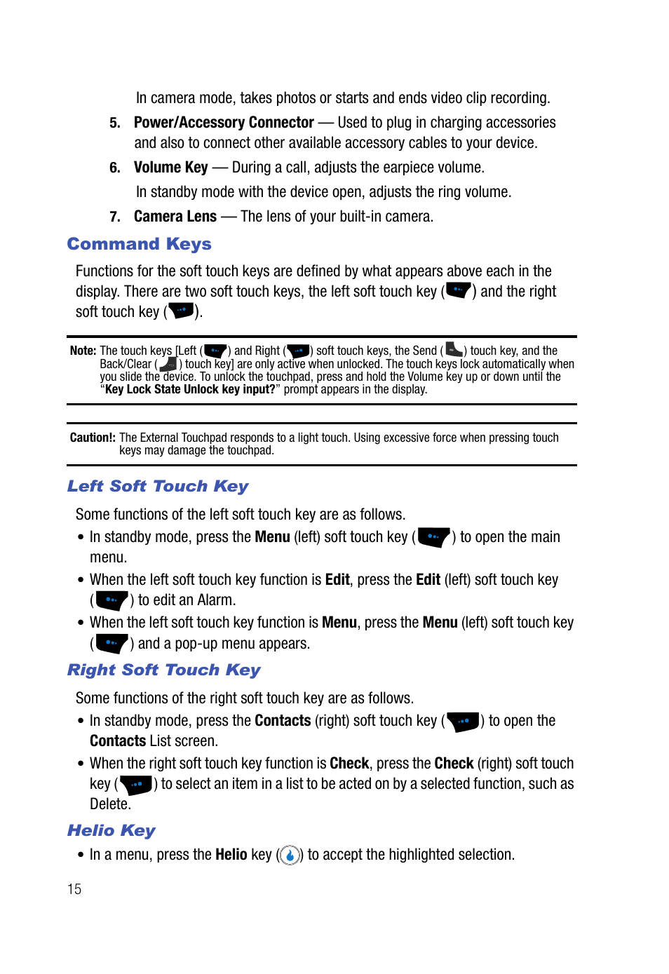 Command keys, Left soft touch key, Right soft touch key | Helio key | Samsung SPH-A523HBASKE User Manual | Page 18 / 187