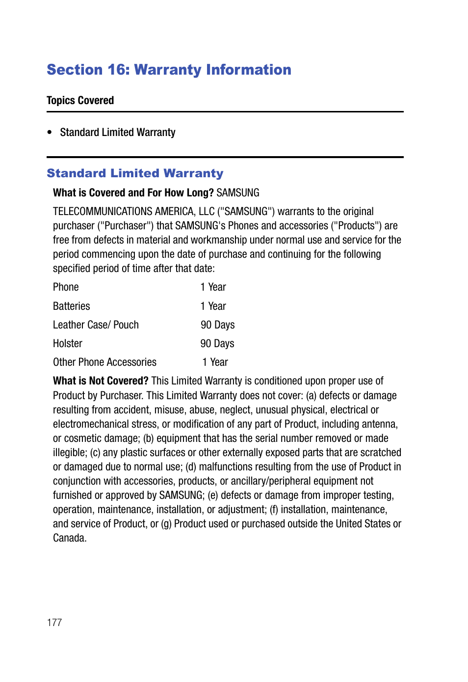 Section 16: warranty information, Standard limited warranty | Samsung SPH-A523HBASKE User Manual | Page 180 / 187