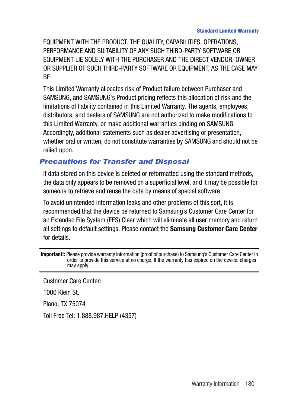 Precautions for transfer and disposal | Samsung SPH-A523HBASKE User Manual | Page 183 / 187