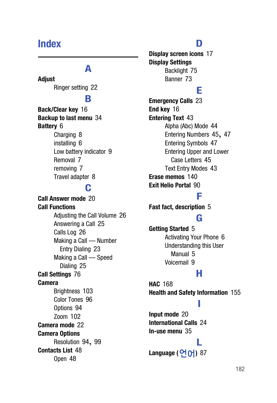 Index | Samsung SPH-A523HBASKE User Manual | Page 185 / 187