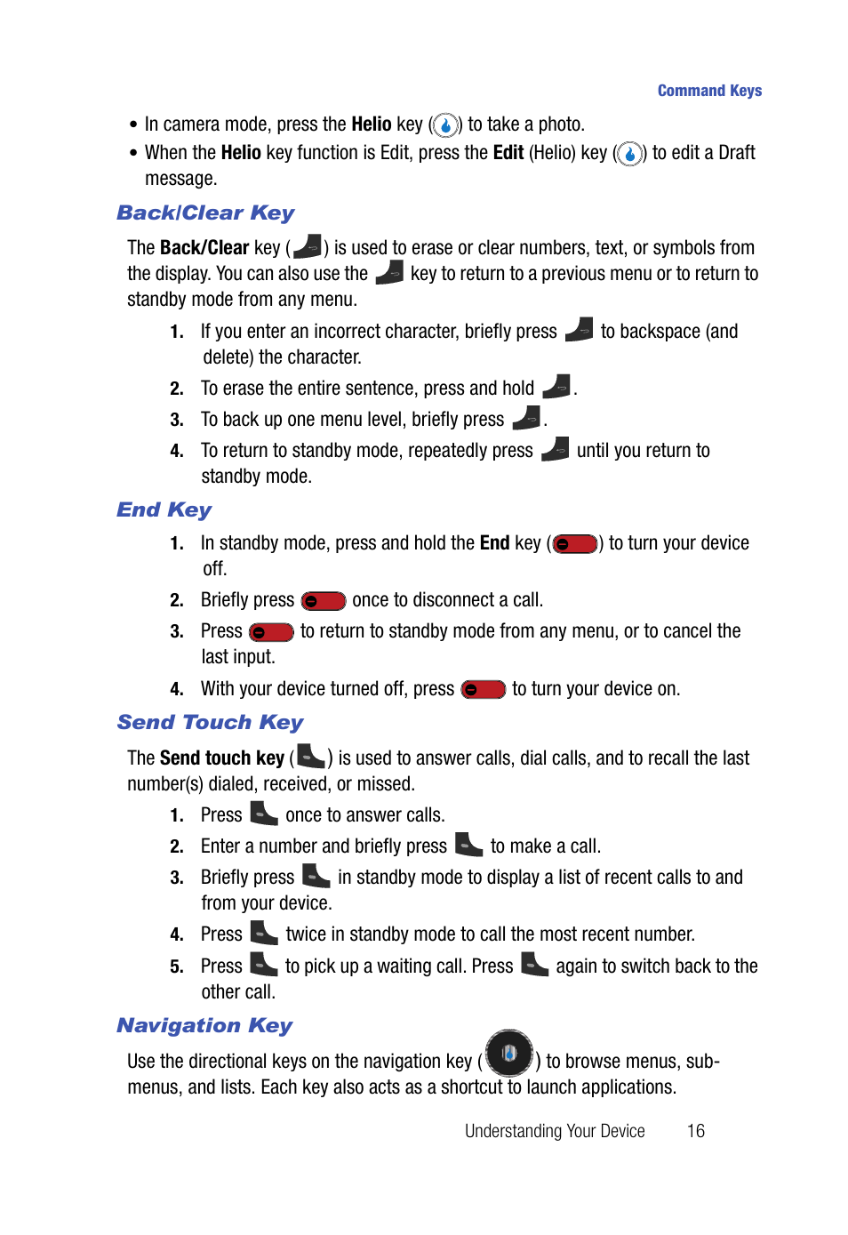 Back/clear key, End key, Send touch key | Navigation key | Samsung SPH-A523HBASKE User Manual | Page 19 / 187