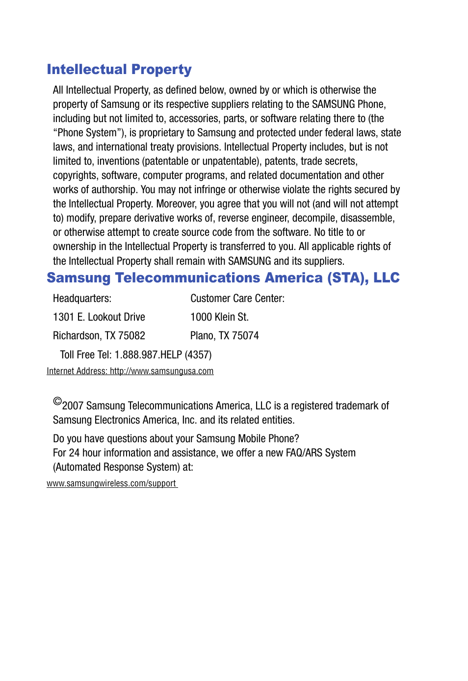 Intellectual property, Samsung telecommunications america (sta), llc | Samsung SPH-A523HBASKE User Manual | Page 2 / 187