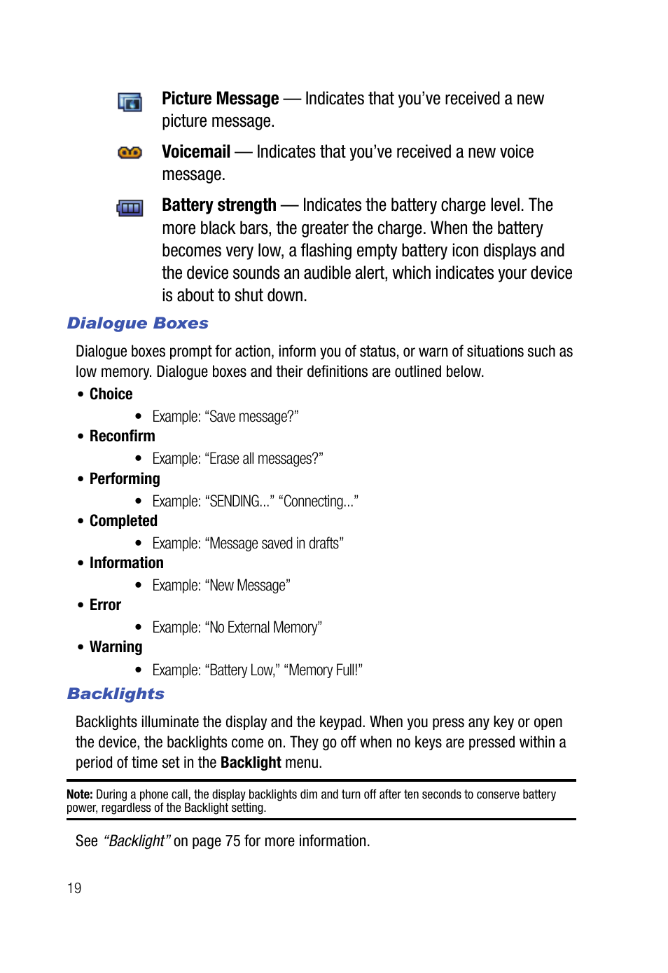 Dialogue boxes, Backlights | Samsung SPH-A523HBASKE User Manual | Page 22 / 187