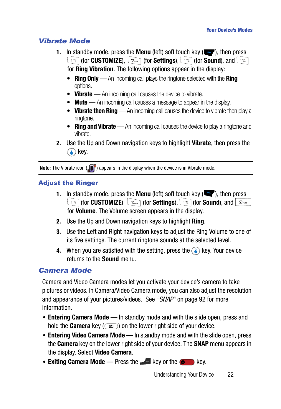 Vibrate mode, Adjust the ringer, Camera mode | Samsung SPH-A523HBASKE User Manual | Page 25 / 187