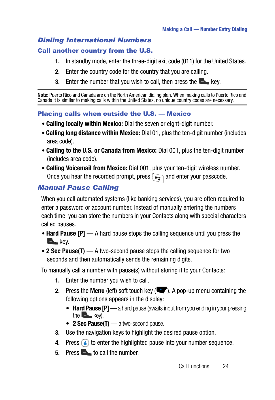 Dialing international numbers, Call another country from the u.s, Placing calls when outside the u.s. - mexico | Manual pause calling | Samsung SPH-A523HBASKE User Manual | Page 27 / 187