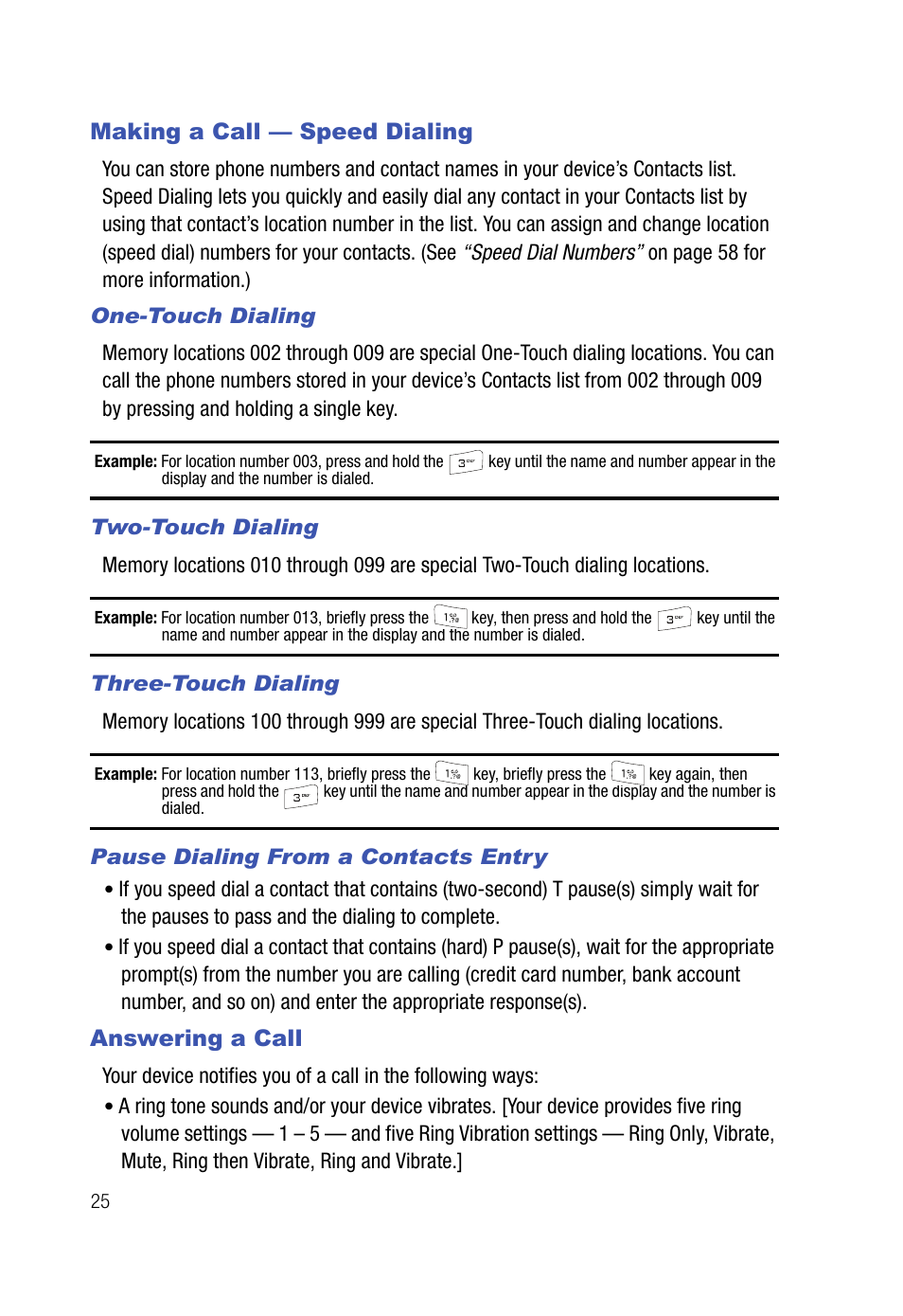 Making a call - speed dialing, One-touch dialing, Two-touch dialing | Three-touch dialing, Pause dialing from a contacts entry, Answering a call, Making a call — speed dialing answering a call, Making a call — speed dialing | Samsung SPH-A523HBASKE User Manual | Page 28 / 187