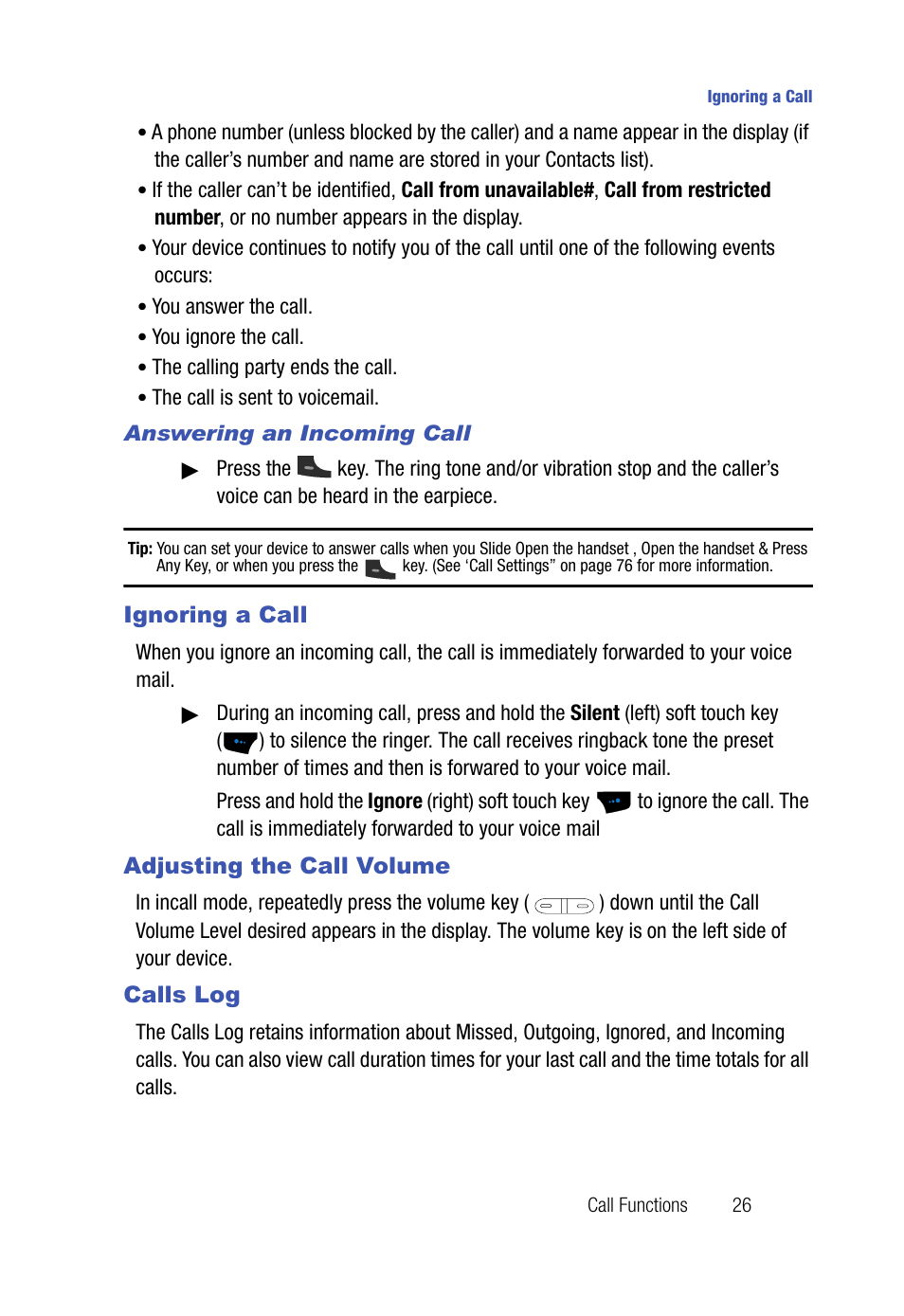 Answering an incoming call, Ignoring a call, Adjusting the call volume | Calls log | Samsung SPH-A523HBASKE User Manual | Page 29 / 187