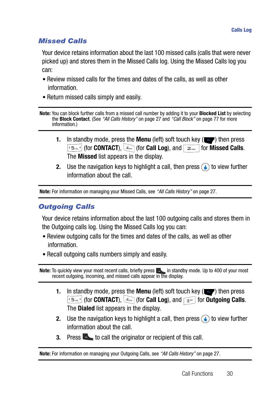 Missed calls, Outgoing calls | Samsung SPH-A523HBASKE User Manual | Page 33 / 187