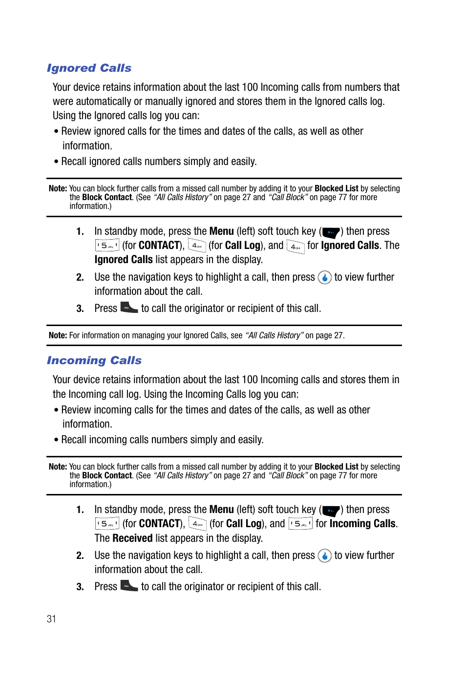 Ignored calls, Incoming calls | Samsung SPH-A523HBASKE User Manual | Page 34 / 187