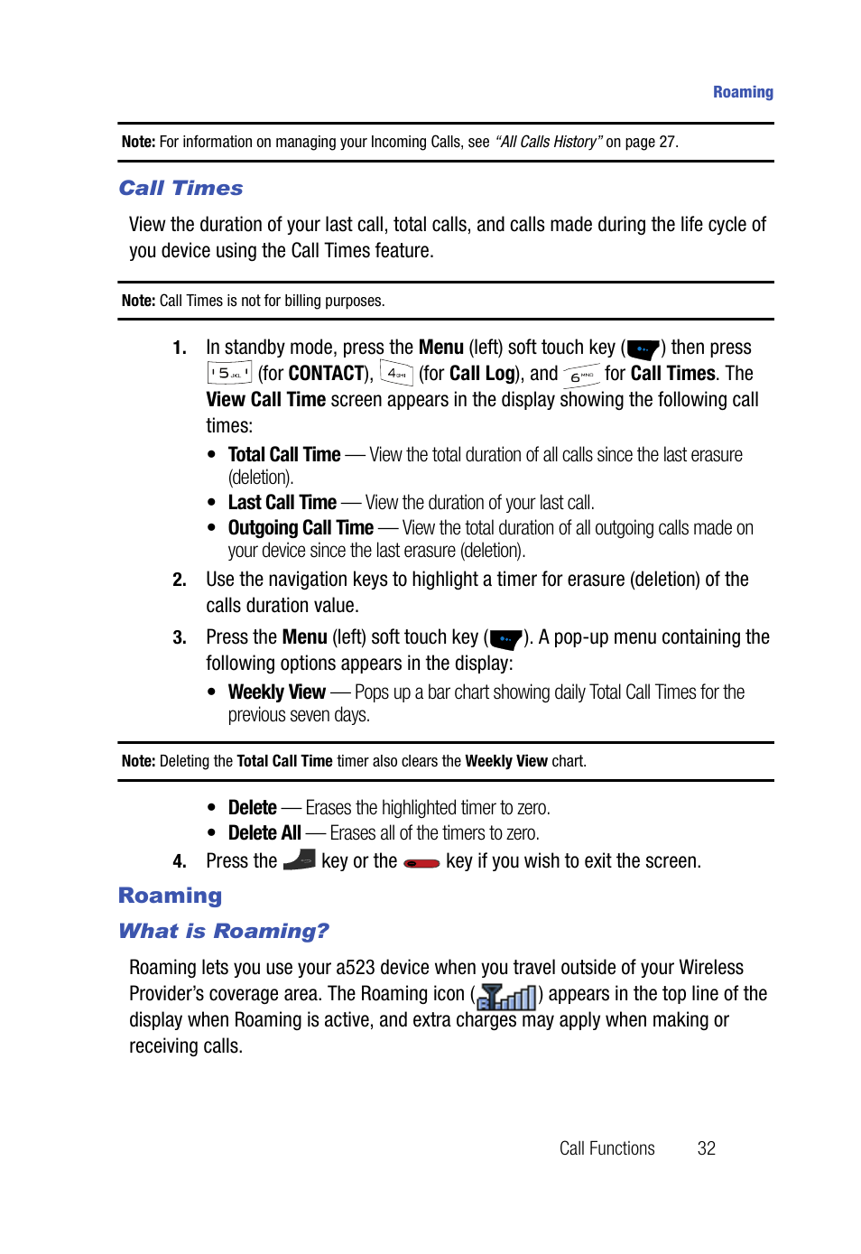 Call times, Roaming, What is roaming | Samsung SPH-A523HBASKE User Manual | Page 35 / 187
