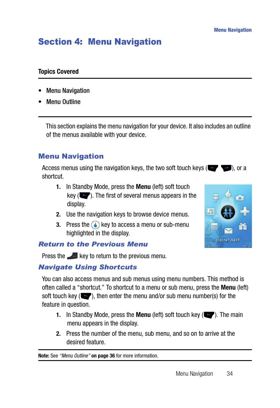 Section 4: menu navigation, Menu navigation, Return to the previous menu | Navigate using shortcuts | Samsung SPH-A523HBASKE User Manual | Page 37 / 187