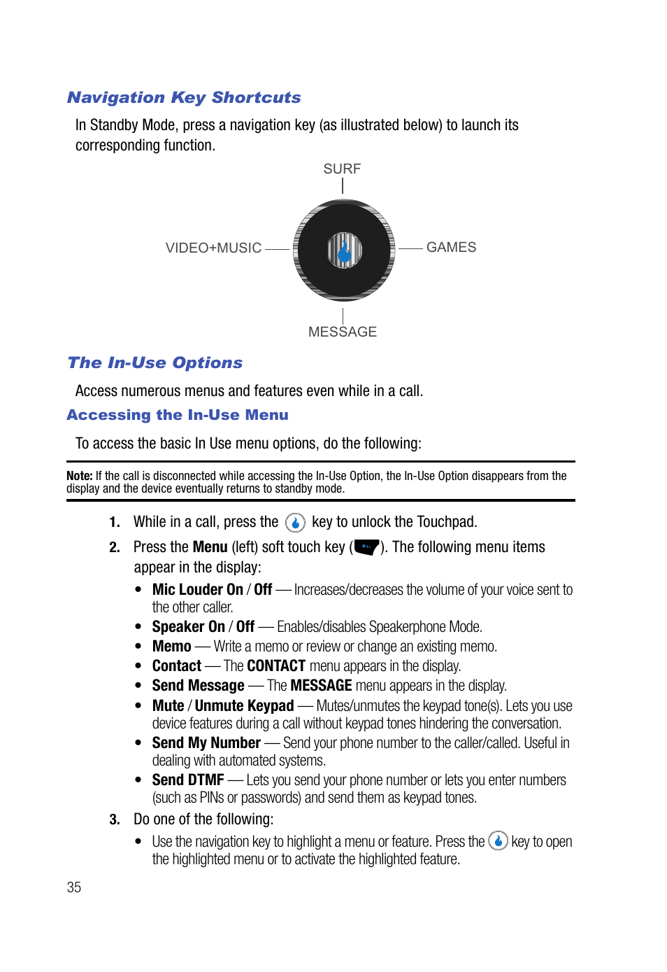 Navigation key shortcuts, The in-use options, Accessing the in-use menu | Samsung SPH-A523HBASKE User Manual | Page 38 / 187