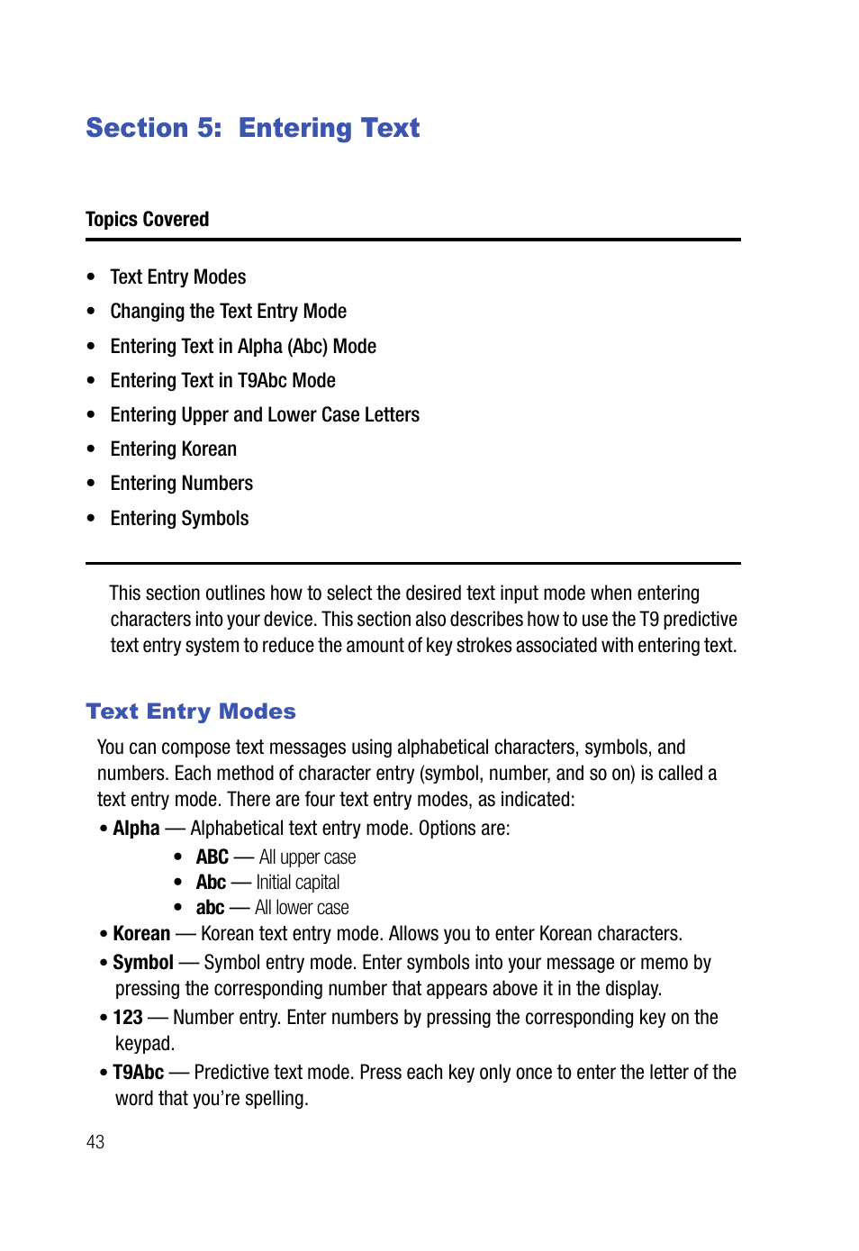 Section 5: entering text, Text entry modes | Samsung SPH-A523HBASKE User Manual | Page 46 / 187