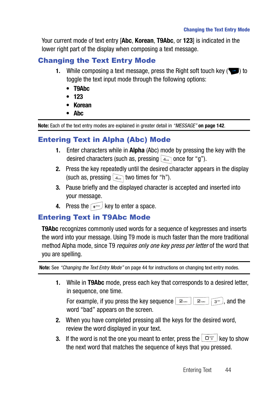 Changing the text entry mode, Entering text in alpha (abc) mode, Entering text in t9abc mode | Samsung SPH-A523HBASKE User Manual | Page 47 / 187