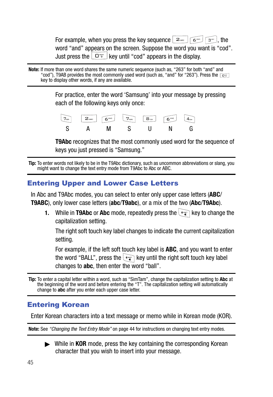 Entering upper and lower case letters, Entering korean | Samsung SPH-A523HBASKE User Manual | Page 48 / 187