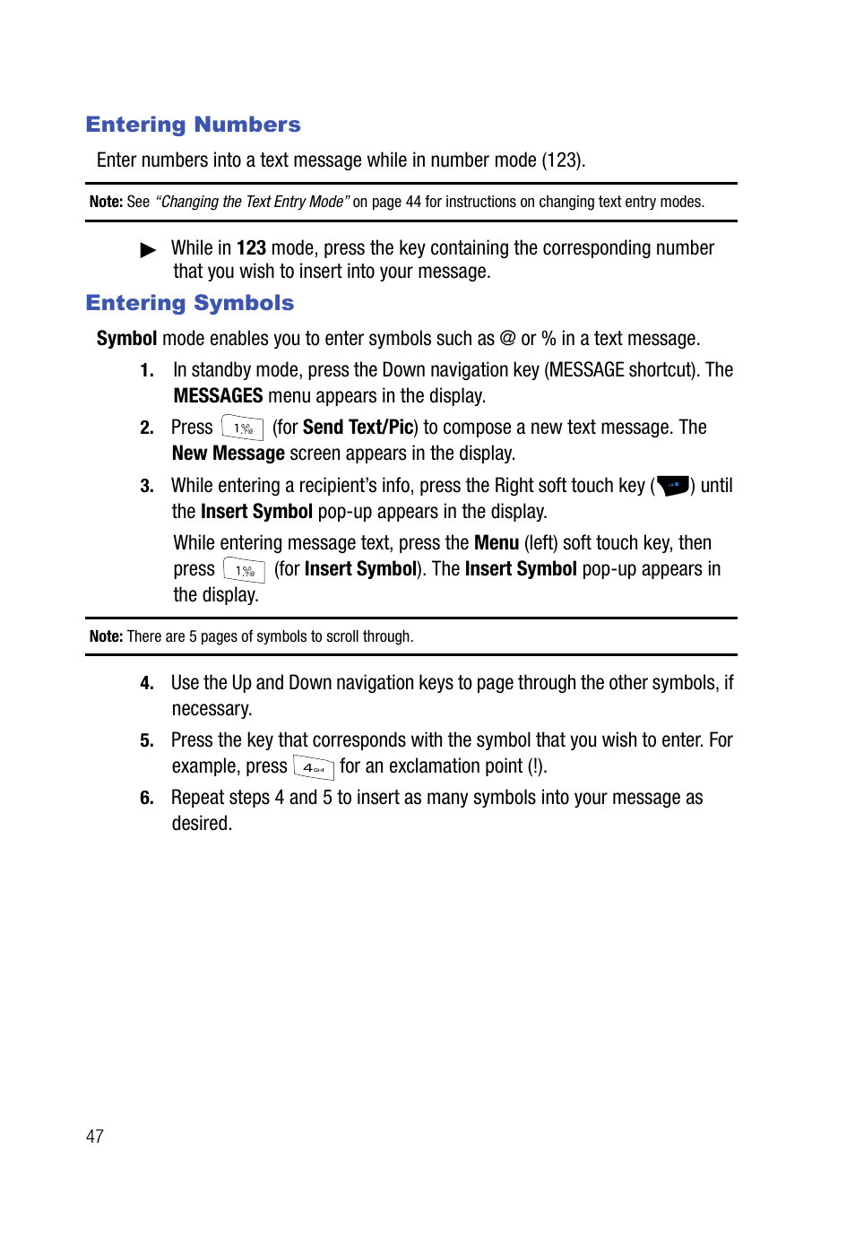 Entering numbers, Entering symbols, Entering numbers entering symbols | Samsung SPH-A523HBASKE User Manual | Page 50 / 187