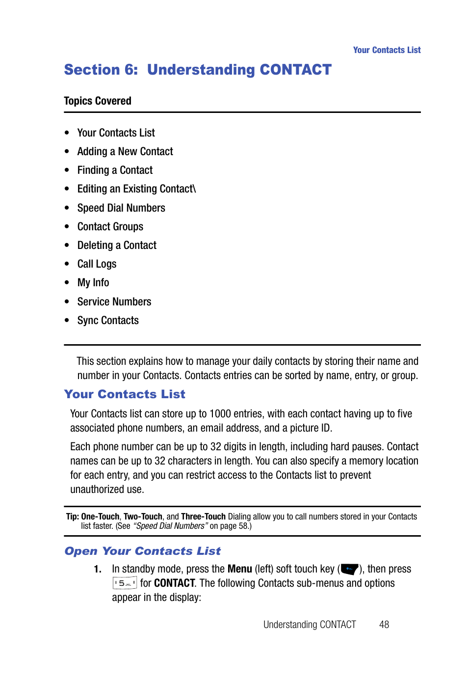Section 6: understanding contact, Your contacts list, Open your contacts list | Samsung SPH-A523HBASKE User Manual | Page 51 / 187