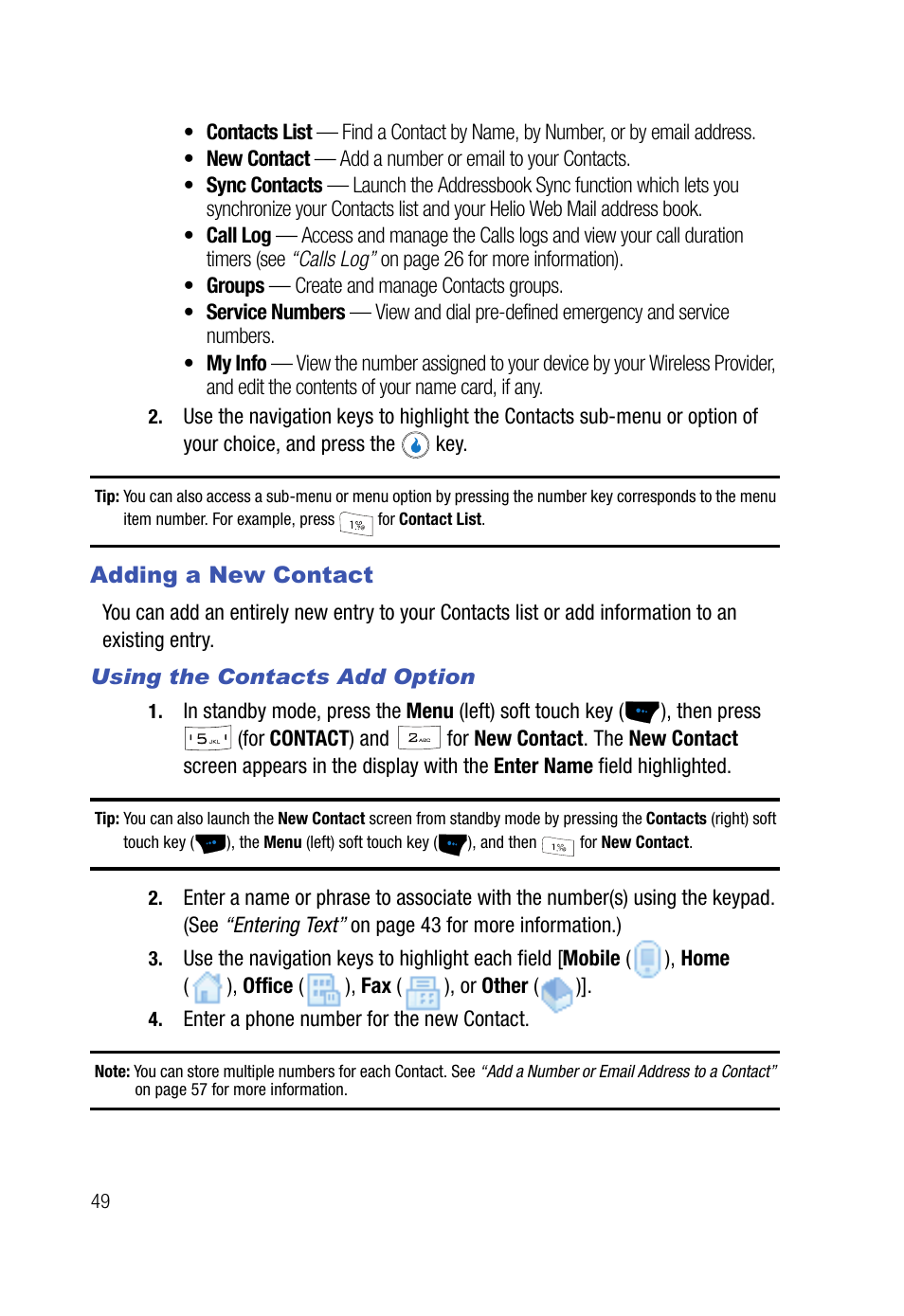 Adding a new contact, Using the contacts add option | Samsung SPH-A523HBASKE User Manual | Page 52 / 187