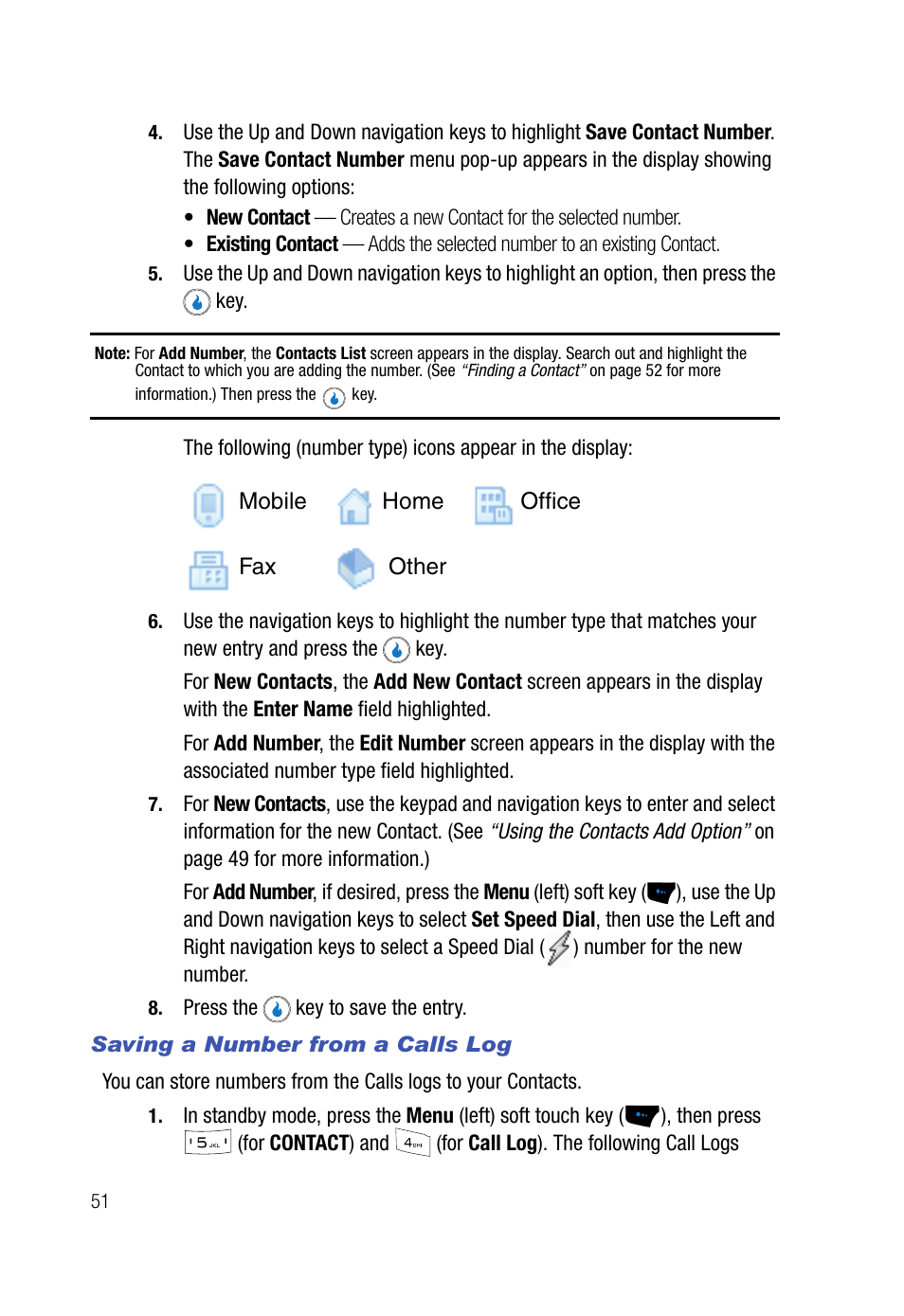 Saving a number from a calls log | Samsung SPH-A523HBASKE User Manual | Page 54 / 187