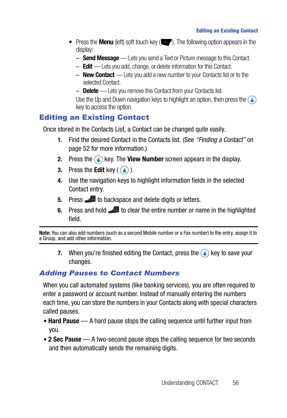 Editing an existing contact, Adding pauses to contact numbers | Samsung SPH-A523HBASKE User Manual | Page 59 / 187