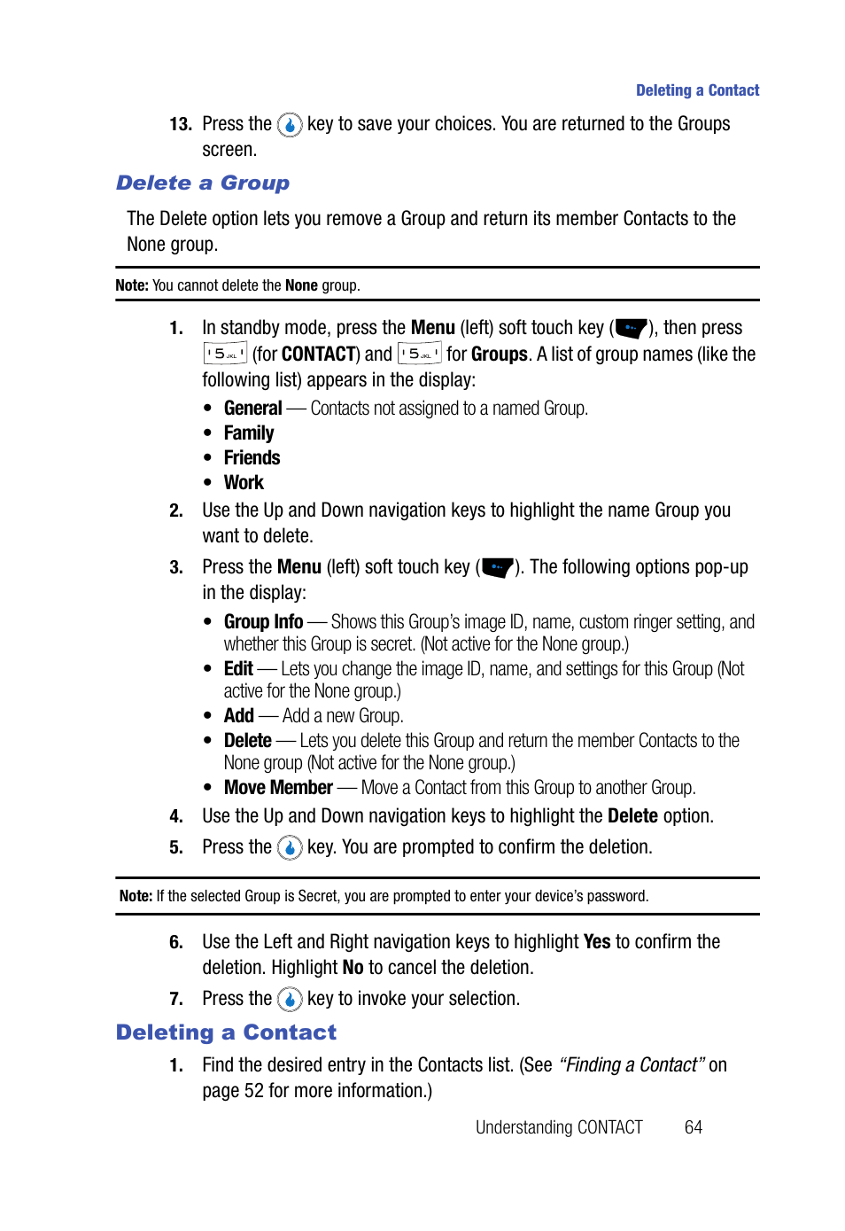 Delete a group, Deleting a contact | Samsung SPH-A523HBASKE User Manual | Page 67 / 187