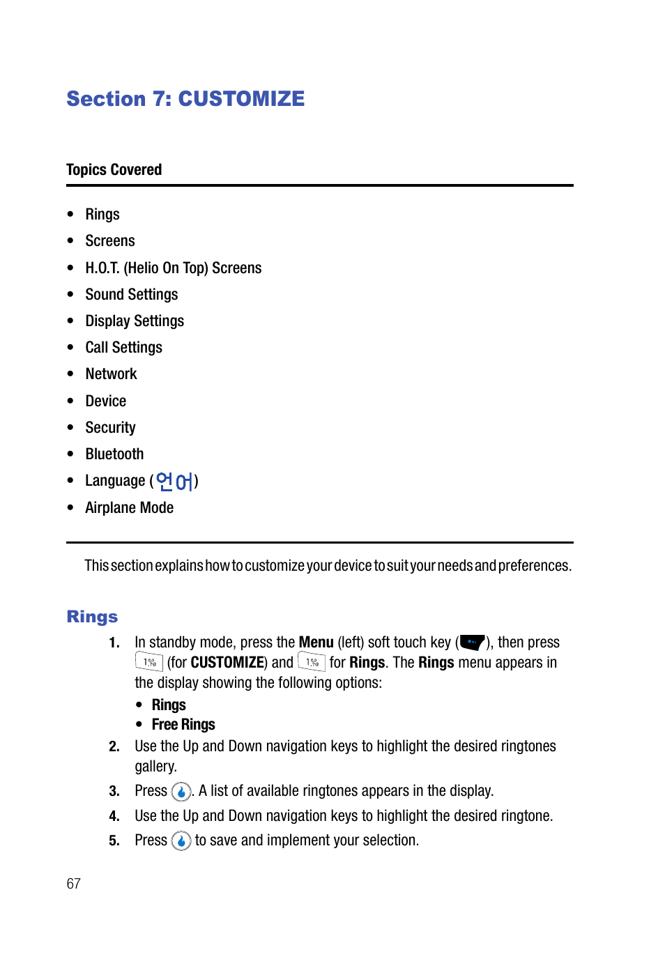 Section 7: customize, Rings | Samsung SPH-A523HBASKE User Manual | Page 70 / 187