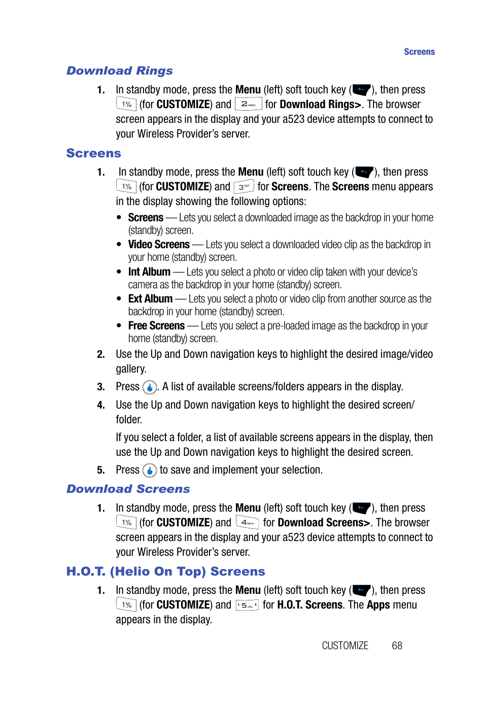 Download rings, Screens, Download screens | H.o.t. (helio on top) screens, Screens h.o.t. (helio on top) screens | Samsung SPH-A523HBASKE User Manual | Page 71 / 187