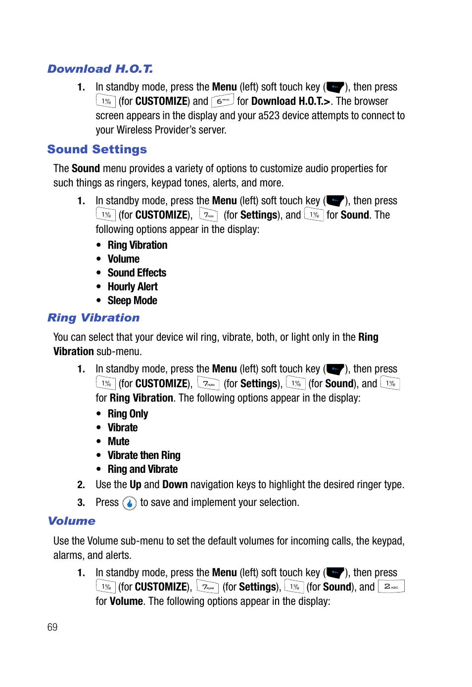 Download h.o.t, Sound settings, Ring vibration | Volume | Samsung SPH-A523HBASKE User Manual | Page 72 / 187