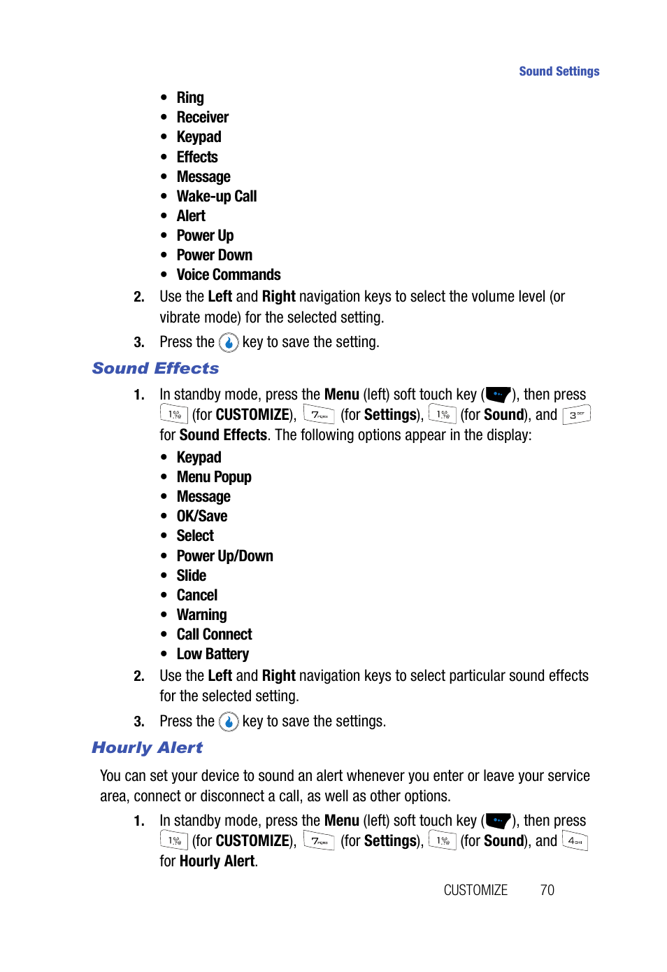 Sound effects, Hourly alert | Samsung SPH-A523HBASKE User Manual | Page 73 / 187