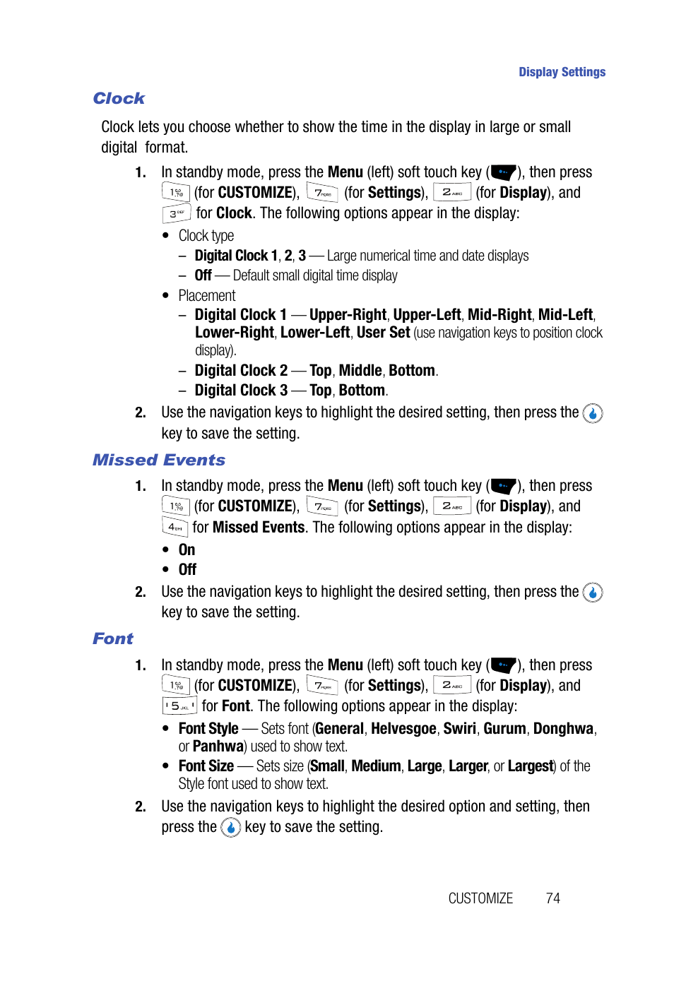 Clock, Missed events, Font | Samsung SPH-A523HBASKE User Manual | Page 77 / 187