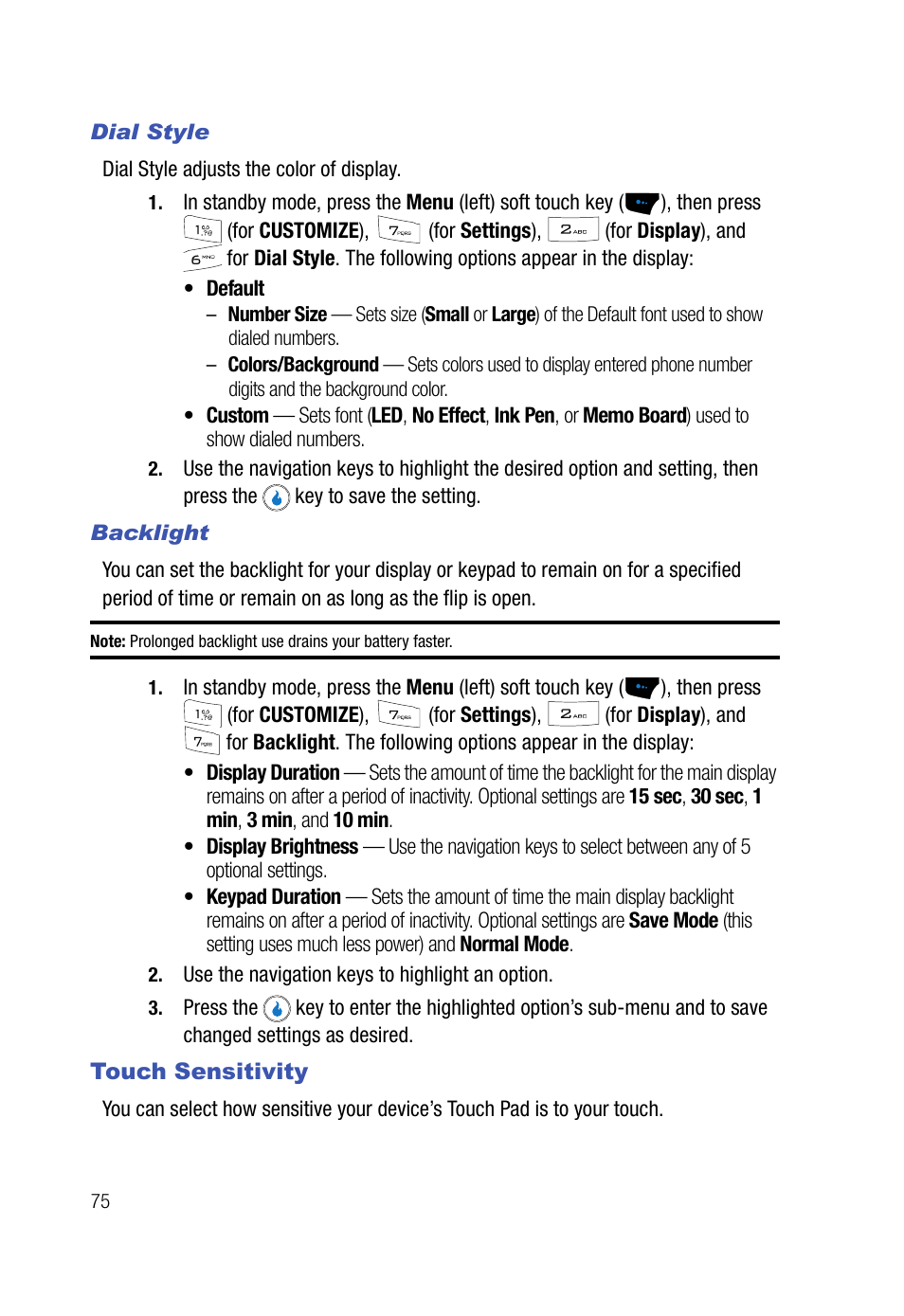 Dial style, Backlight, Touch sensitivity | Samsung SPH-A523HBASKE User Manual | Page 78 / 187