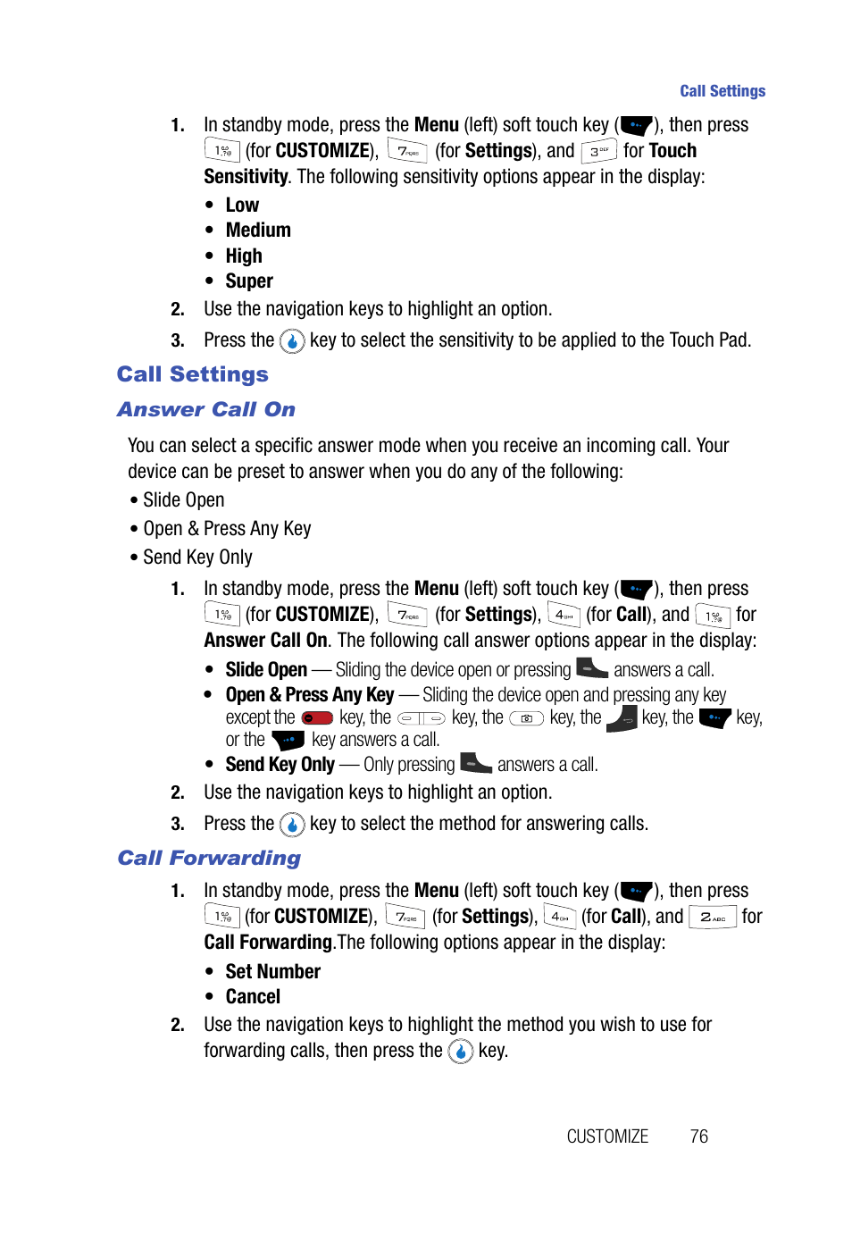 Call settings, Answer call on, Call forwarding | Samsung SPH-A523HBASKE User Manual | Page 79 / 187
