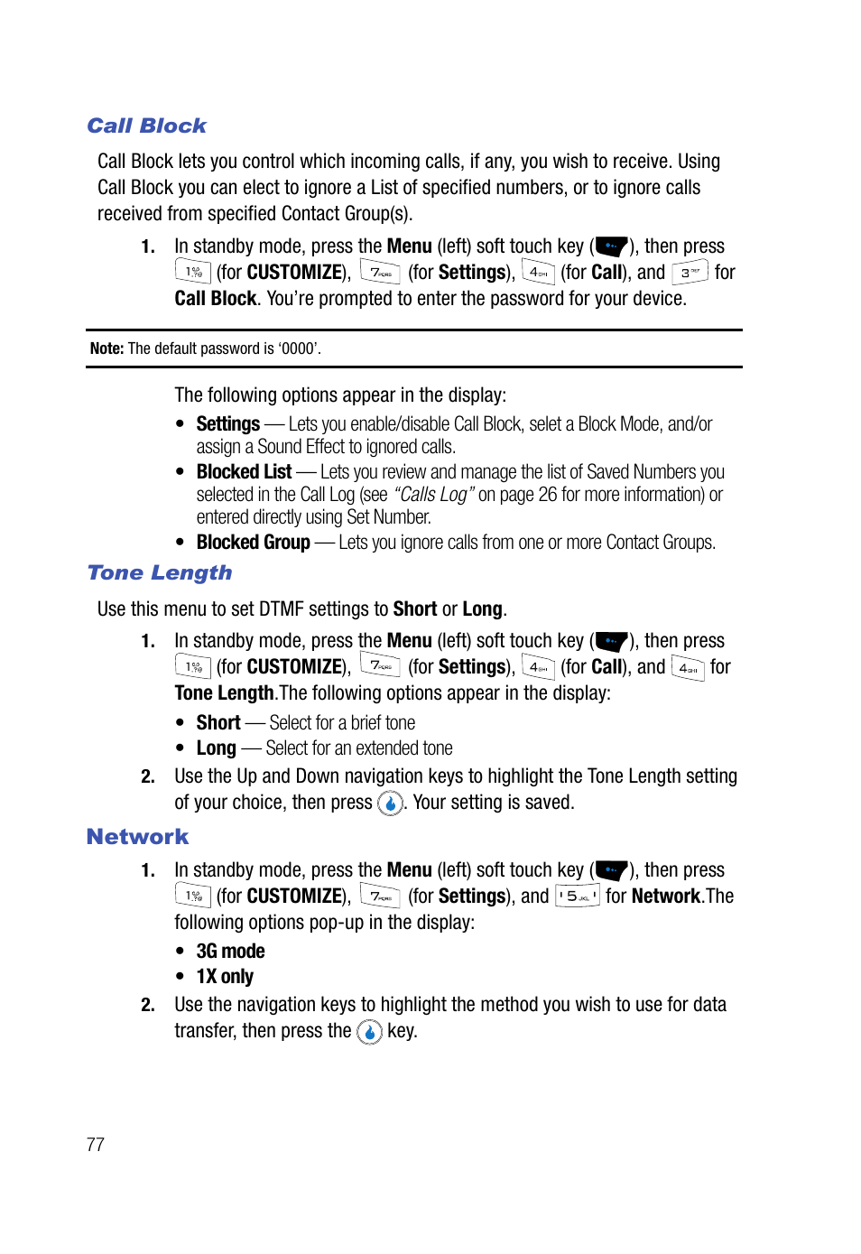 Call block, Tone length, Network | Samsung SPH-A523HBASKE User Manual | Page 80 / 187