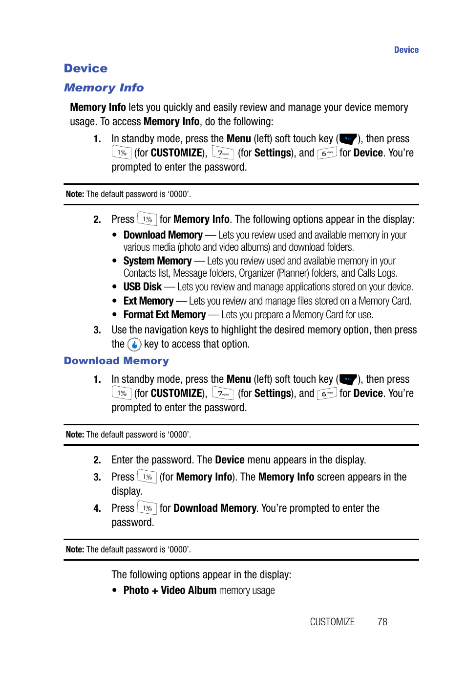Device, Memory info, Download memory | Samsung SPH-A523HBASKE User Manual | Page 81 / 187