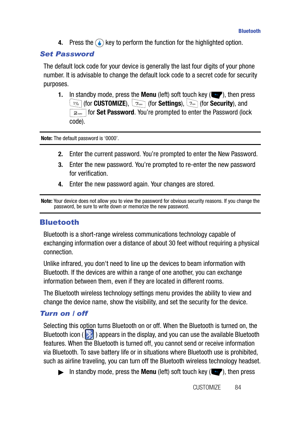 Set password, Bluetooth, Turn on / off | Samsung SPH-A523HBASKE User Manual | Page 87 / 187
