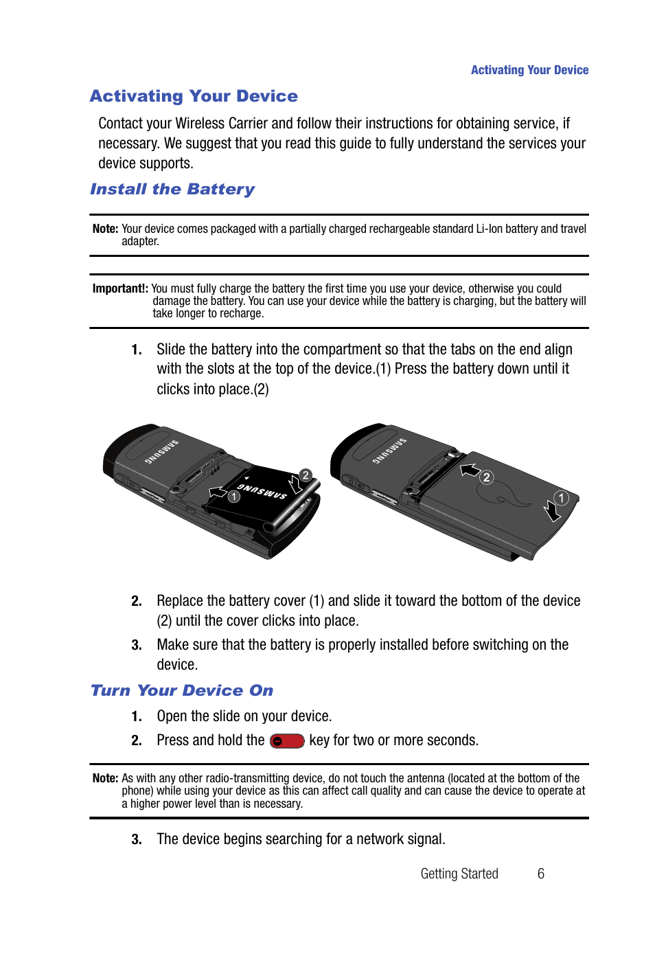 Activating your device, Install the battery, Turn your device on | Samsung SPH-A523HBASKE User Manual | Page 9 / 187