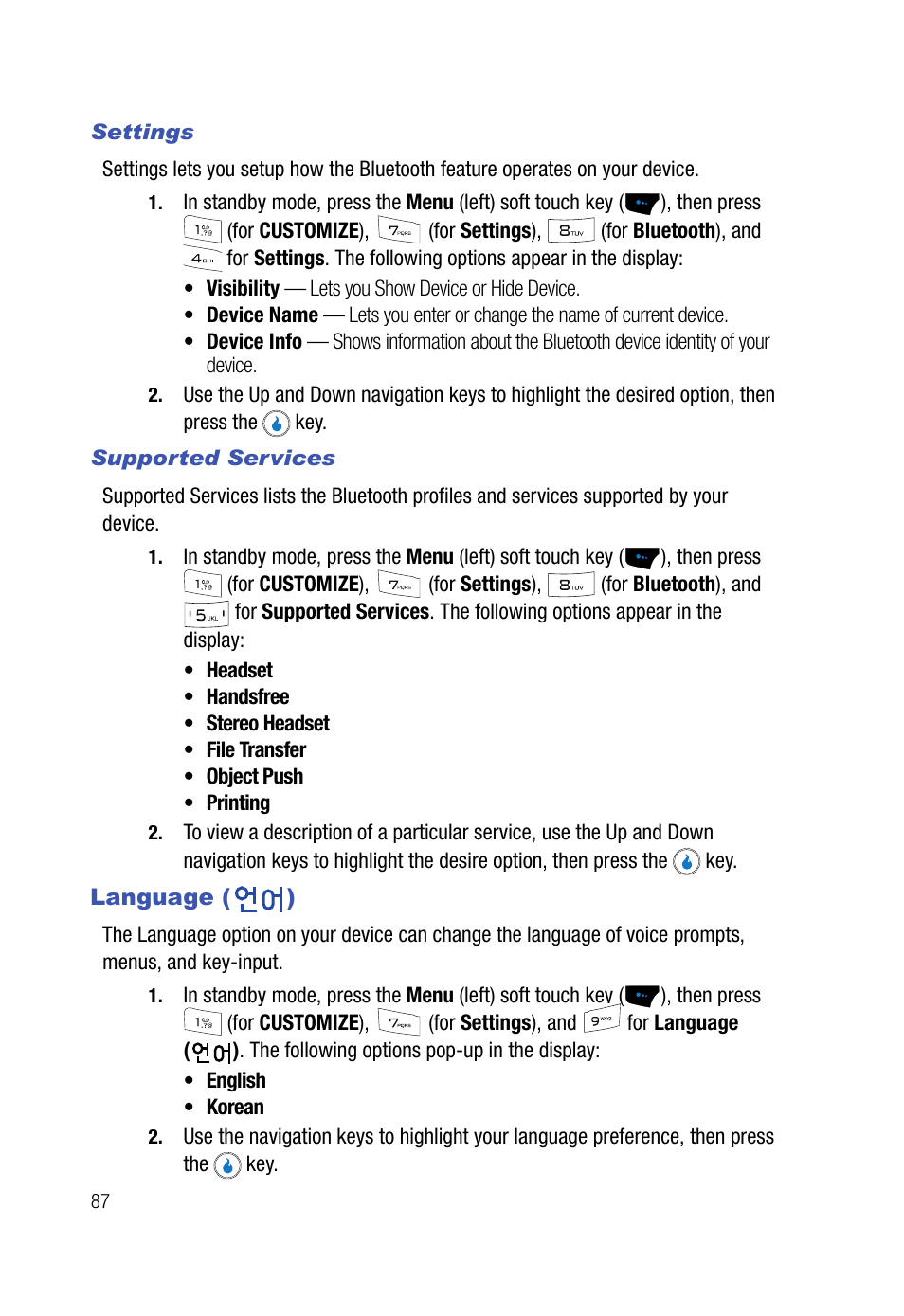 Settings, Supported services, Language () | Language | Samsung SPH-A523HBASKE User Manual | Page 90 / 187