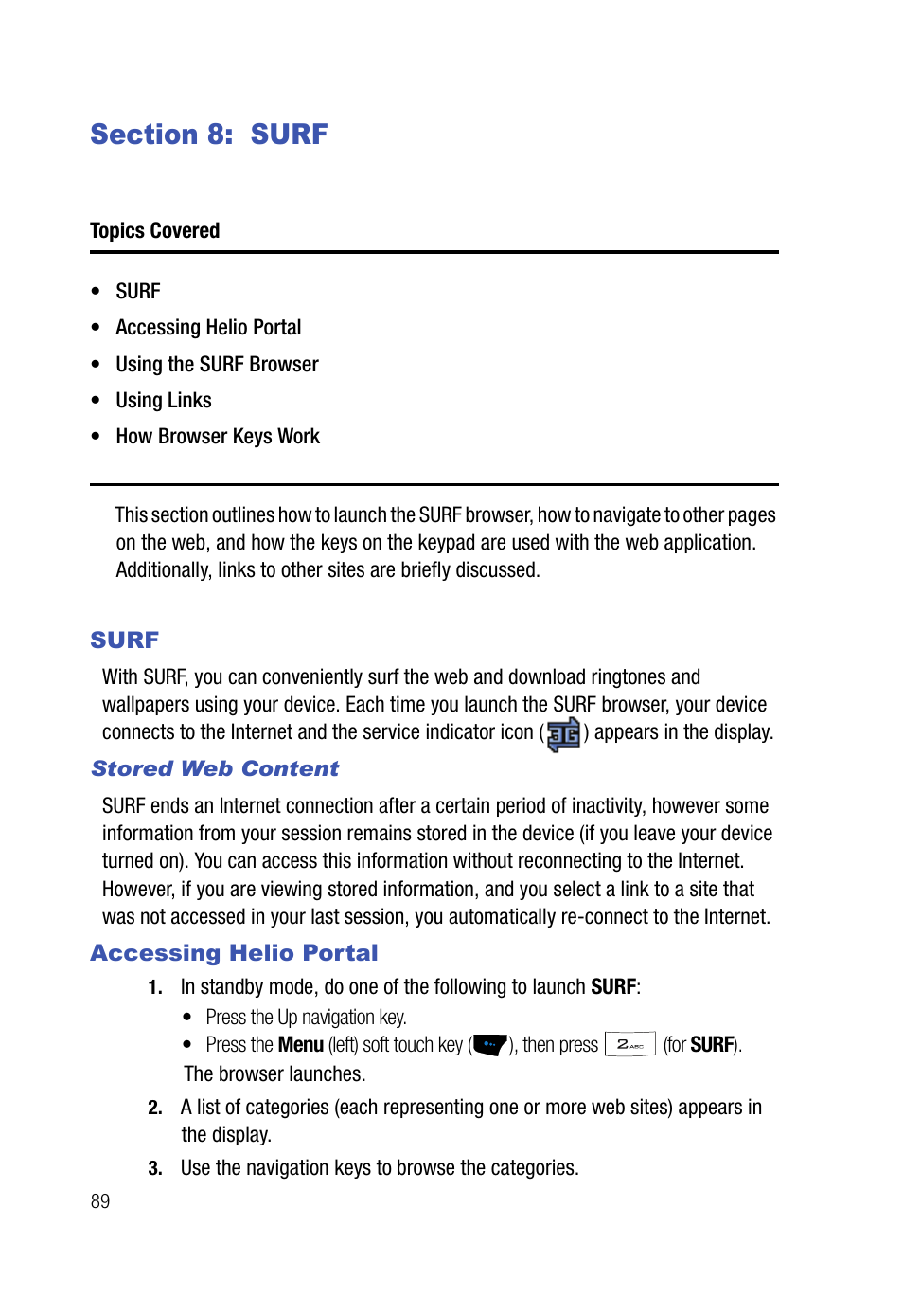 Section 8: surf, Surf, Stored web content | Accessing helio portal, Surf accessing helio portal | Samsung SPH-A523HBASKE User Manual | Page 92 / 187
